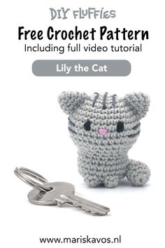 a crocheted cat keychain with the text, free crochet pattern including