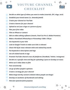 the youtube channel checklist is shown in blue and white, with text below it