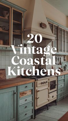 20 Vintage Coastal Kitchen Backsplash Ideas You'll Want to Copy ASAP Blue And White Cabinets, Fish Scale Tile Backsplash, Coastal Kitchen Ideas, Coastal Pendant, Coastal Pendant Lighting, Wicker Bar Stools, Weathered Wood Finish, Coastal Kitchen Design, Light Hardwood Floors