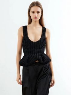 Strap Knit Flower Bud Vest Black Fitted Sleeveless Sweater, Fitted Black Sleeveless Sweater, Fitted Sleeveless Black Sweater, Chic Black Sleeveless Sweater, Fitted Black Textured Knit Top, Casual Knitted Party Tops, Chic Knitted Party Top, Black Chic Knit Sweater, Black Fine Knit Sleeveless Top