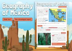 a poster with the words, geography of mexico and an image of a cactus in front of