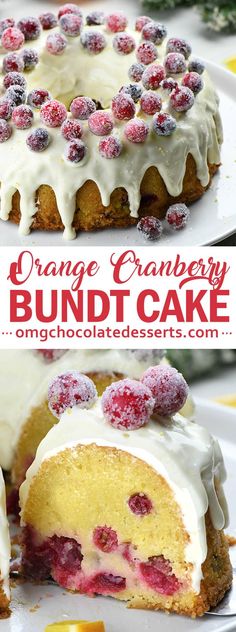 an orange cranberry bundt cake with white frosting and berries on top