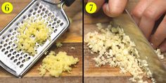 a person grating onions with a grater on a cutting board next to it