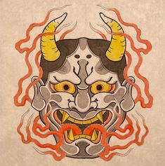 a drawing of a demon with horns and flames on it's face is shown