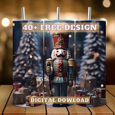 an image of a poster with a nutcracker in front of christmas trees and presents