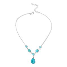 Jay King Gallery Collection Kingman Turquoise Chain Necklace  Coveted blue Kingman turquoise in an intricate, handcrafted chain necklace design, provides a beautiful way to add a pop of chic gemstone color to your neckline. Part of Jay's exclusive Gallery Collection.       Necklace approx. 18"L x 1/16"W with 2-3/4" extender     Drop approx. 1-1/16"L x 5/8"W     Stamped .925     Hook closure     Sterling silver Foxtail/Riccio chain necklace has pear-shaped blue Kingman turquoise drop at center     Five multi-shaped turquoise stations link together to complete necklace drape     All stones bezel set   Stone Information       All sizes and weights approximate     Stabilized Blue Kingman Turquoise - Freeform (15x20mm), cushion (8x8mm, 9x11mm), round (7mm); mined in USA Blue Pendant Chain Necklace, Elegant Turquoise Necklace With Lobster Clasp, Elegant Turquoise Chain Necklace Gift, Turquoise Adjustable Chain Necklace, Adjustable Turquoise Chain Necklace, Bohemian Turquoise Jewelry With Chain, Turquoise Teardrop Pendant Necklace With Natural Stones, Turquoise Dangle Jewelry With Adjustable Chain, Turquoise Gemstone Dangle Necklaces