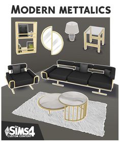 modern metalic's living room furniture is shown in black and white colors, with the