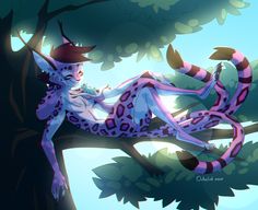 a cartoon character laying on top of a tree in the forest with an evil looking cat