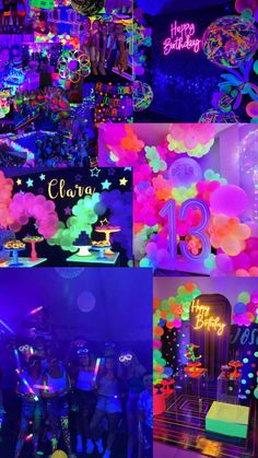 several images of people dancing and having fun at a birthday party with neon lights in the background