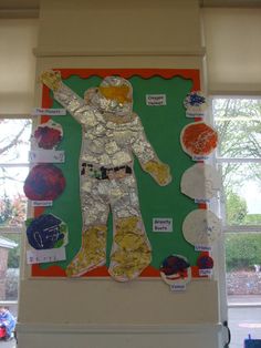 a bulletin board with an image of a man in space on the front and back