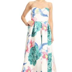 La Fatima White Floral Strapless Dress/ Evening/Cocktail/Elegant Party Dress/Floral Dress Features: Brand: La Fatima Style: Maxi Dress Color: White Floral Material: Polyester Size: Small, Medium, Large Spring Party Strapless A-line Dress, Spring Floral Print Strapless Prom Dress, Strapless Floral Print Dresses For Prom Season, Spring Prom Strapless Floral Dress, Evening Strapless Dress With Sweetheart Neckline And Floral Print, Spring Prom Strapless Dress With Floral Print, White Strapless Dress For Spring Garden Party, Feminine White Strapless Dress With Floral Print, White Strapless Dress For Summer Prom