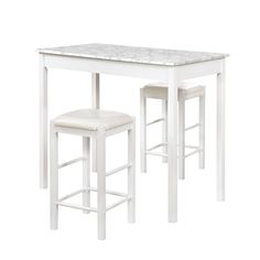 a white table with two stools and a marble top on the bottom one side