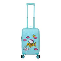 a blue suitcase with hello kitty on it's side and wheels, in front of a white background