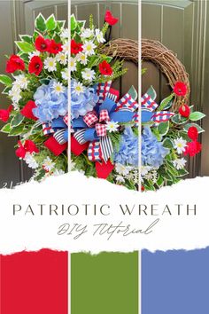 a patriotic wreath with red, white and blue flowers