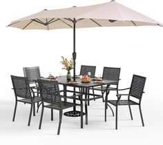 an outdoor dining table with chairs and an umbrella over it, set up for six