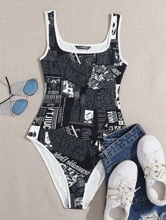 Body tank unido en contraste con estampado de periódico Best Casual Outfits, Newspaper Print, Newspaper Printing, Hairdos For Curly Hair, Tank Bodysuit, Body Suit Outfits, Print Bodysuit, Really Cute Outfits