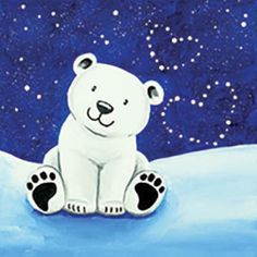 a painting of a polar bear sitting on top of a snow covered hill with stars in the sky