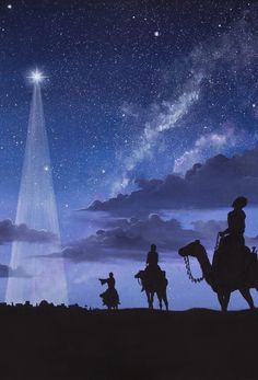 three people riding horses in front of a star filled sky with the birth of jesus