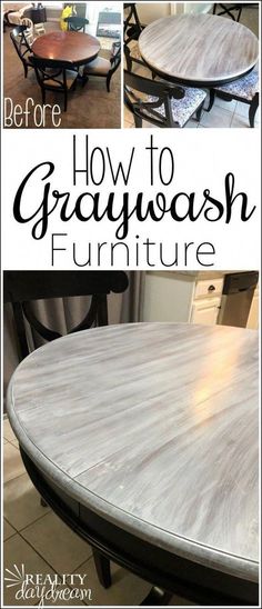 the before and after pictures of how to paint a gray wash finish on an old table