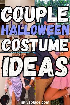 some people are dressed up as halloween costumes and posing for the camera with text overlay that reads, couple halloween costume ideas