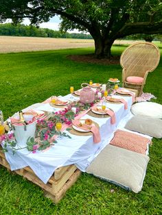 a table set up with plates and cups on it in the grass near a tree