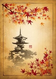 an old paper with autumn leaves and a pagoda in the background