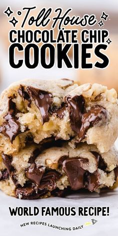 two chocolate chip cookies stacked on top of each other with the words world famous recipe below