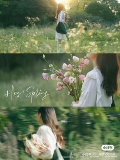 two girls are walking through the grass with flowers in their hands