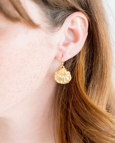 The classic fanned out shape of the scallop shell is symbolic throughout summer fashions and coastal decor. Wear these drop earrings with ease all summer long and beyond. Summer Fashions, Scallop Shell, Scallop Shells, 24kt Gold, Shell Earrings, Coastal Decor, Earrings Handmade, Shells, Dangle Earrings