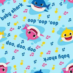 an image of baby shark and music notes on a blue background that is seamless