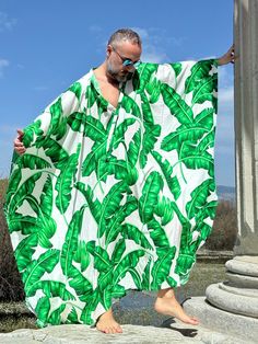 Handmade Mens caftan  viscose  fabric it's soft and comfortable CAFTAN for men  greek style kaftan  Handmade Handmade from start to finish green palm tree leaves print Best for   poolside  party  Plus size caftan small to 7XL options  Worldwide fast shipping for more caftans please visit my shop: www.etsy.com/shop/mnouss/ To follow us on instagram: https://www.instagram.com/mnoussofficial/ Casual Printed Green Kaftan, Casual Green Printed Kaftan, Tropical Green Kaftan For Beach Cover-up, Green Casual Tunic Kaftan, Green Relaxed Fit Kaftan For The Beach, Green Beachwear Kaftan For Vacation, Green Tropical Kaftan For Beach Cover-up, Green Tunic Kaftan For Vacation, Green Tunic Kaftan For Beach Season