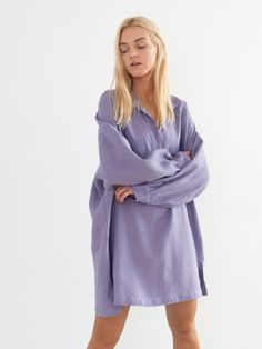 "SKY is an oversized long sleeve linen tunic dress. DETAILS - Collar neckline - Long sleeves - Above knee length - Oversized fit - 100% midweight European linen fabric - Cut and sewn to order just for you in our studio COLOR - Violet Tulip, you can also choose other colors above - Fabric samples are available here https://www.etsy.com/listing/586569696/linen-fabric-samples SIZING & FIT - Size down for a more fitted look - Bust 46 inches / 120 cm - Hips 48 inches / 121 cm - Length 34 inches / Wide Leg Linen Trousers, Linen Dress Summer, Linen Tunic Dress, Linen Shirt Dress, Dress Linen, Oversized Long Sleeve, Wide Leg Linen Pants, Linen Tunic, Linen Blouse