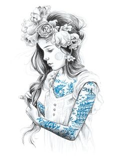 a pencil drawing of a woman with flowers in her hair and tattoos on her arm