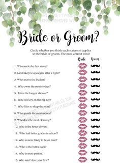 the bride's groom question sheet with green leaves and pink watercolors on it