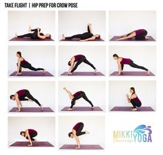 a woman doing yoga poses on a mat with the words take flight i hip for crow pose