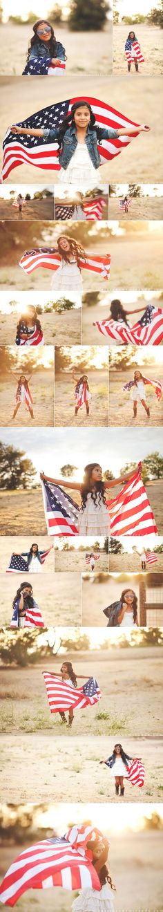 multiple images of people holding american flags in the sand