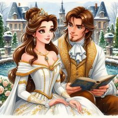 a man and woman dressed as princesses reading a book