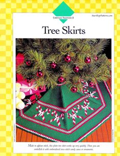 a tree skirt with ornaments on it is featured in the knitting book, christmas stockings