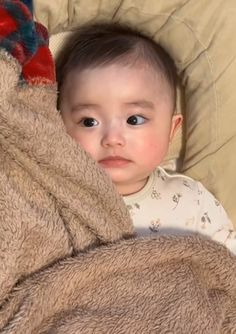 a baby wrapped in a blanket looking at the camera