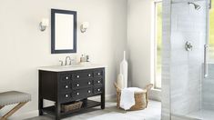 a bathroom with a sink and mirror next to a walk - in shower stall area