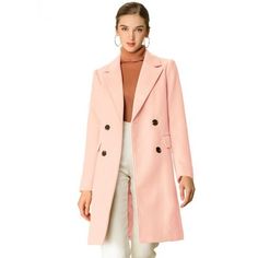 The long trench coat is shaped in a classic double-breasted cut. This soft, elegant coat with a tie around the waist detail is a classic look and will keep you warm in the cool weather. Whether you want to dress up your look or just stay warm in casual winter, it is a better choice for you. The self tie belt style is flattering and fits more different body shape. Spring Double-breasted Wool Coat, Pink Double-breasted Business Outerwear, Spring Formal Wool Coat With Double-breasted Buttons, Pink Double-breasted Outerwear With Hidden Buttons, Pink Elegant Double-breasted Outerwear, Classic Pink Double-breasted Outerwear, Pink Double-breasted Outerwear For Office, Classic Pink Outerwear With Double-breasted Button, Chic Pink Business Outerwear