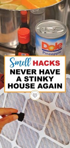 a person holding a brush over a stove with the words smell hacks never have a stinky house again