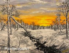 a painting of trees in the snow with an orange and yellow sky behind them,