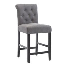 a gray upholstered bar stool with buttons on the back and arms, viewed from the front