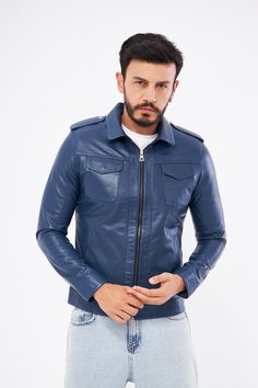 BLUE Genuine Leather Jacket , Our products are 100% genuine leather; It is produced in master hands with quality materials and delicate hand workmanship. Classic Blue Long Sleeve Leather Jacket, Fitted Blue Leather Jacket With Pockets, Fitted Blue Leather Outerwear, Classic Blue Leather Outerwear, Blue Leather Jacket For Work, Blue Leather Jacket For Fall, Leather Jacket For Men, Lamb Leather Jacket, Jacket For Men