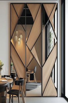 a room divider that is made out of wood and has geometric designs on it