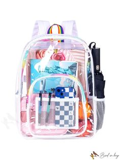 BirdinBag - Durable PVC Clear Backpack: Transparent Bookbag for Women and Men Clear Backpacks, Clear Backpack, Trendy Backpacks, Purple Backpack, Backpack For Women, Light Backpack, Winter Knit Hats, Transparent Bag, Blue Checkered