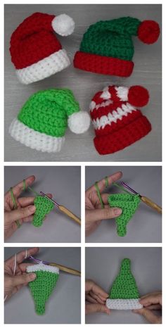 crocheted christmas hats and mittens are shown in four different pictures, including one being knitted