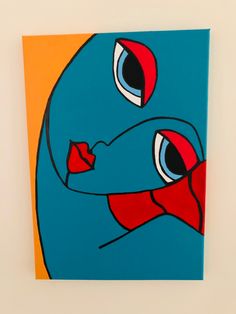 an abstract painting of a blue bird with red beaks and large eyes, on a white wall