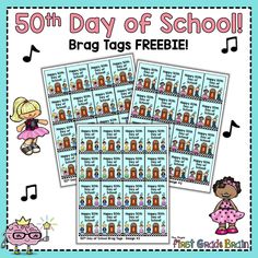 the 50 day of school printable tags are shown with music notes and an image of a